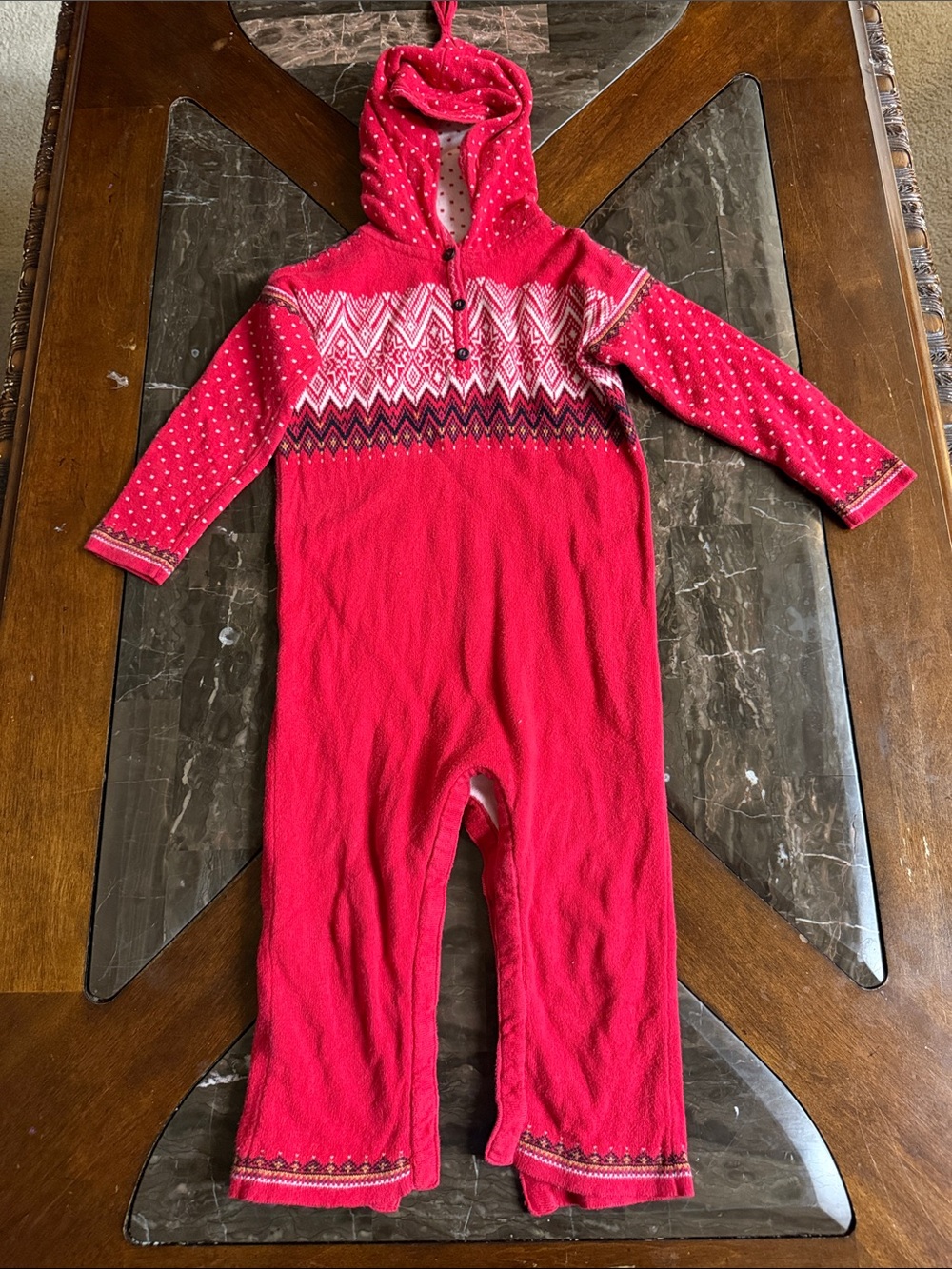 Hanna Andersson Cream and Red Hooded Fair Isle Knit Romper